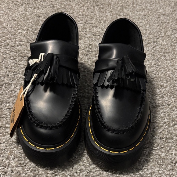 Dr. Martens Shoes - Dr. Martens Black Tassel Platform Loafers with Yellow Stitching